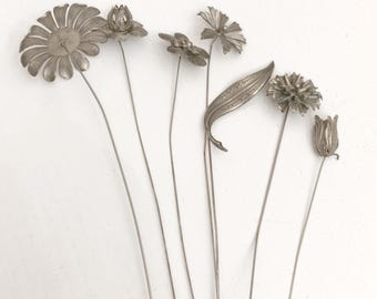 Antique Art nouveau silver plate hat pins from the 1900s, set of seven, early 20th century hat pins featuring flowers from Spain