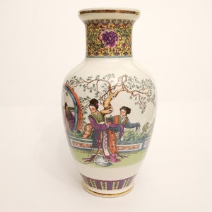 Japanese porcelain vase with chinoiserie design circa 1960 Asian vase with geishas and floral design oriental vase signed