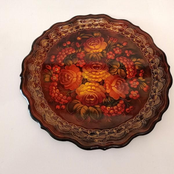 Vintage Zhostovo metal hand painted brown serving tray with flowers from Russia large USSR MCM Soviet folk art round decorative tray