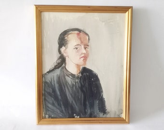 Originales Aquarell einer Frau um 1960, großes Vintage-Porträt einer Frau in schwarz gerahmter Originalkunst