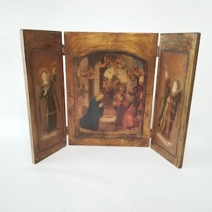 Religious wooden triptych made in Spain circa 1960 Large triptych with Nativity scene and angels Christmas religious art decor catholic icon