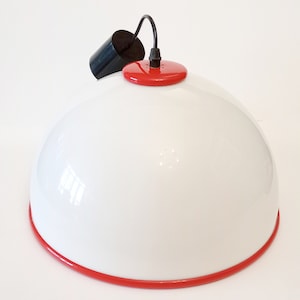 Mid Century Modern vintage white and red plexiglas pendant light circa 1970 white plastic with red rim light