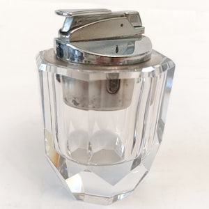 Vintage cut glass table lighter circa 1970 clear crystal table lighter tobacciana collector&#39;s lighter