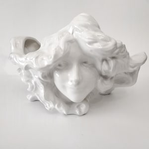Large Art Nouveau style  ceramic jardinière circa 1970 white ceramic cache pot or centerpiece from Spain Art Nouveau lady planter