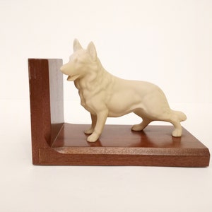 Vintage biscuit porcelain and wood bookend with Alsatian circa 1960 Art deco bookend with dog