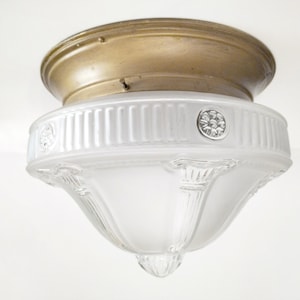 Large Art Deco clear and frosted glass ceiling light and brass base circa 1920 antique flush mount ceiling light