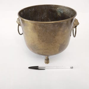 Peut inclure: Un pot en laiton avec des poignées en tête de lion et un seul pied. Le pot est vieilli et a une patine dorée.