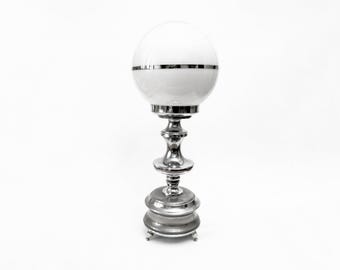 Space age chrome table lamp with white opaline globe circa 1960 large chrome lamp with white and silver glass globe from Spain
