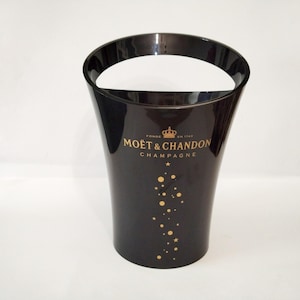 Moet & Chandon champagne cooler designed by circa 1990 vintage black plexiglas ice bucket with handle and gold design wine cooler