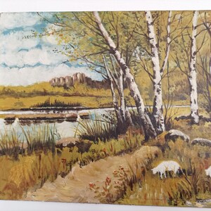 May include: A painting of a landscape with a river, trees, and a dirt path. The trees are mostly birch trees with white bark. The river is blue and green and there are some rocks in the water. The path is dirt and leads to the river. There are some small white sheep in the grass near the river.