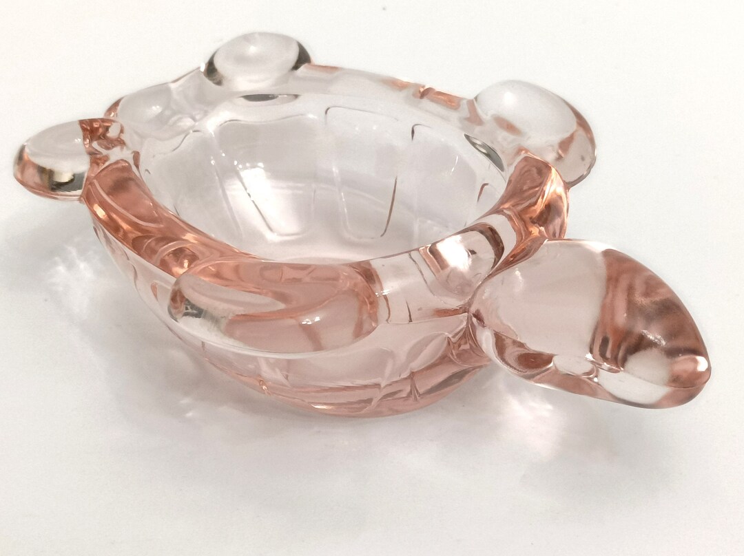 Vintage Clear Pink Glass Tortoise Ashtray or Trinket Dish From the 80s