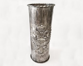Large silver metal repoussé umbrella stand circa 1940 rare cane or walking stick stand made in Spain with the Toledo coat of arms