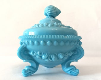 Vintage French Portieux Vallerystall blue bonbon lidded dish circa 1940 blue opaline bonbonniere featuring shells with feet candy dish