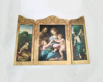 Religious wooden triptych Sacred Family from Spain circa 1960 Large triptych Virgin of the rose by Rafaello Sanzio catholic art icon