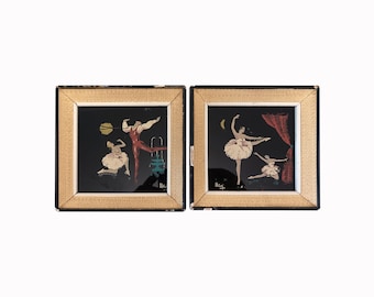 Original miniature paintings of ballet dancers on black glass signed by artist circa 1940 Pair pictures of ballerinas hand painted on glass