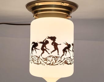 Antike Art Deco Unterputz Opalleuchte mit Silhouetten von Künstler Karl Wilhelm Diefenbach um 1920 seltene Deckenleuchte Germany