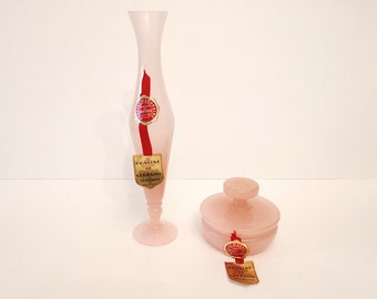 Set of pink opaline glass soliflore vase and round trinket box made in France by Verrerie Portieux circa 1960 opaline de Lorraine lidded jar