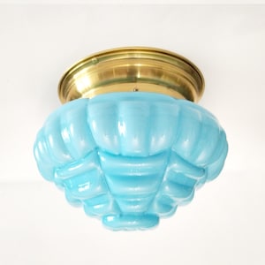 Antique blue opaline flush mount ceiling light from Spain circa 1920 large geometric design art deco opaline blue milk glass light