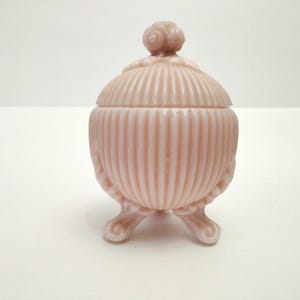 Pink Portieux Vallerystal opaline bonbon jar with lid and grapes decor circa 1940 Small opaline box from France in light pink colour