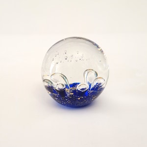 Vintage clear paperweight with cobalt blue and gold flakes paperweight small paperweight circa 2000