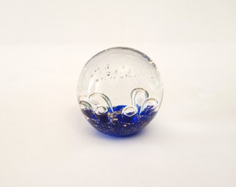 Vintage clear paperweight with cobalt blue and gold flakes paperweight small paperweight circa 2000