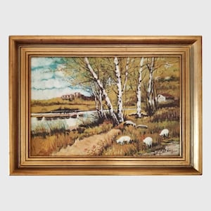Original signed oil painting on board of a field with river trees and sherp circa 1960 Framed painting art from Spain farmhouse decor image 1