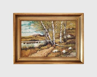 Óleo original firmado sobre tabla que representa un campo con río, árboles y sherps, circa 1960. Cuadro enmarcado, obra de arte de España, ideal para la decoración de una casa de campo.