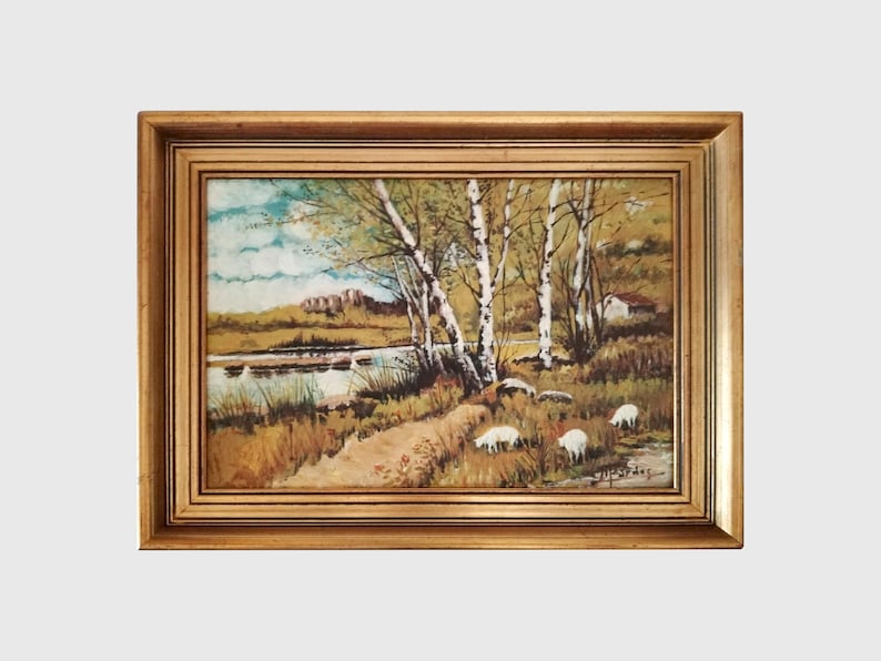 Original signed oil painting on board of a field with river trees and sherp circa 1960 Framed painting art from Spain farmhouse decor image 1