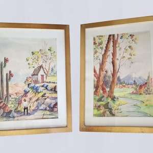 Framed watercolours set of two large paintings circa 1960 original art from Spain vintage watercolours signed by Spanish artist