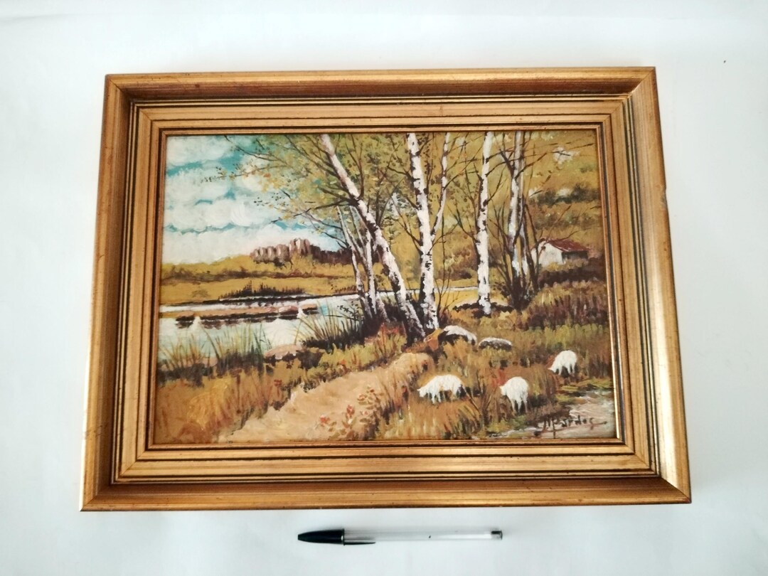 Original Signed Oil Painting on Board of a Field With River Trees and ...