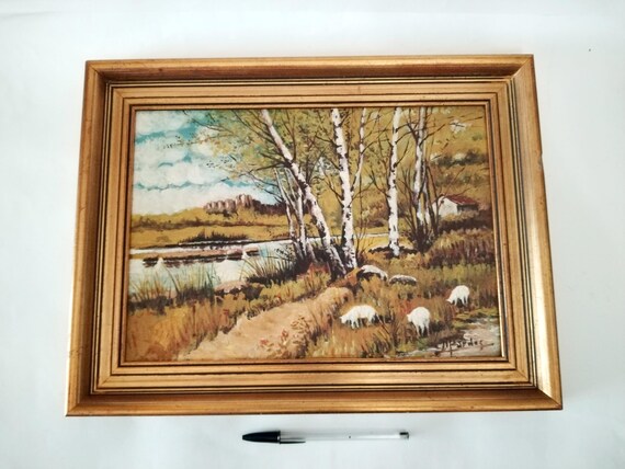 Original signed oil painting on board of a field with river trees and sherp circa 1960   Framed painting art from Spain farmhouse decor