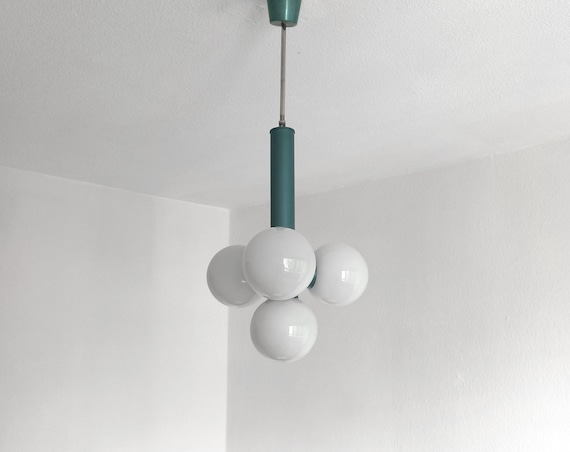 Atomic blue atomic sputnik pendant light with four opaline globes Space age circa 1970 Vintage hanging light with white glass shades