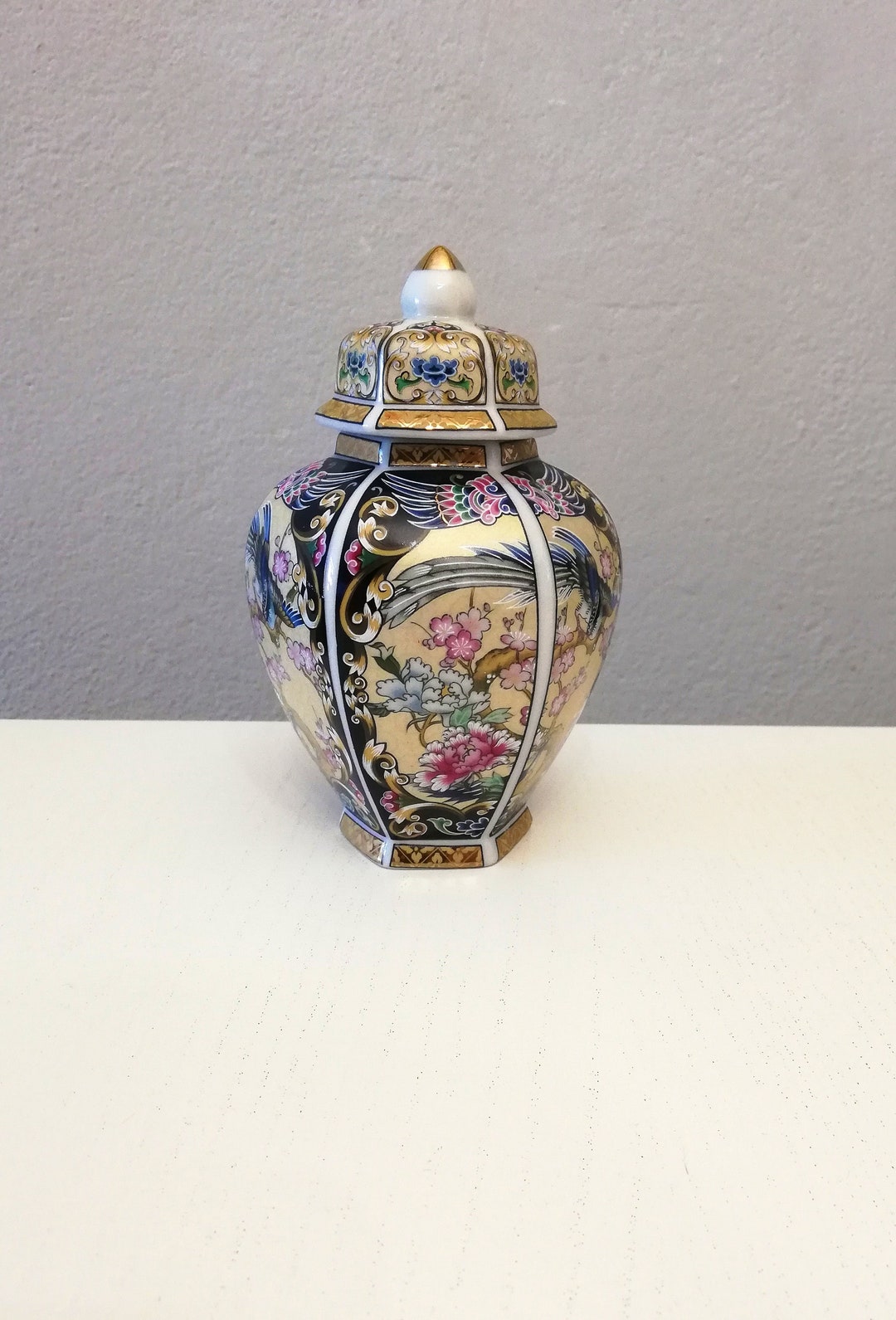 Small Japanese Black and Gold Porcelain Vase With Flowers