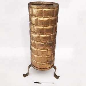 Gold leaf iron umbrella stand circa 1950 mcm brutalist umbrella pot or walking stick umbrella or cane holder with feet and geometric design