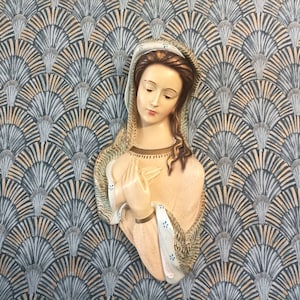 Vintage Virgin Mary circa 1950 Spanish Madonna chalkware wall decor of virgin religious icon