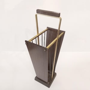 Mid-century modern wood and metal umbrella stand with stylish design from Spain circa 1950 MCM umbrella holder retro walking stick holder