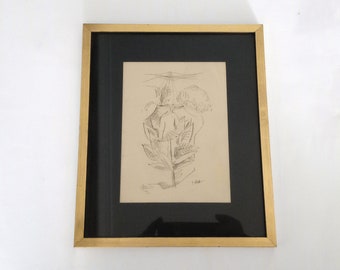 Small framed vintage ink drawing circa 1970 miniature picture with black mat and gold frame original signed art from Spain