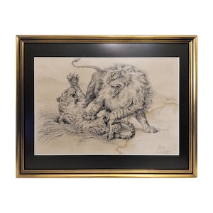 Antique original ink drawing signed by Spanish artist from 1928 original art with black mat and gold frame from Spain with lion and leopard image 1