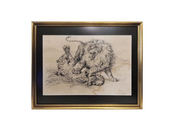 Antique original ink drawing signed by Spanish artist from 1928 original art with black mat and gold frame from Spain with lion and leopard