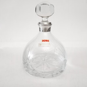Crystal cut glass decanter with sterling silver rim from Spain circa 1980 hand cut crystal decanter with stopper with original stickers