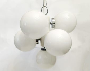 Atomic Space age Sputnik white  and chrome pendant light with seven white glass globes circa 1960 Vintage ceiling light with glass shades
