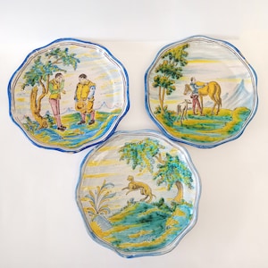 Vintage Spanish Talavera hand painted ceramic plates  circa 1950 handmade Saso signed pottery from Toledo Spain large wall plates wall decor