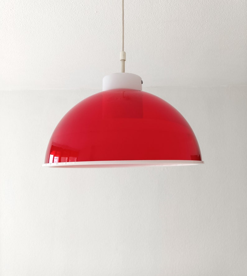 Mcm red and white space age methacrylate pendant light made in the 1970's red plexiglas light image 6