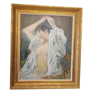 Original oil painting of woman doing her  hair signed by Spanish artist large vintage oil painting on board circa 1970 framed original art