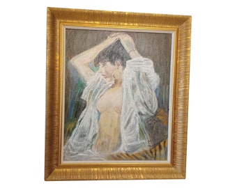 Original oil painting of woman doing her  hair signed by Spanish artist large vintage oil painting on board circa 1970 framed original art