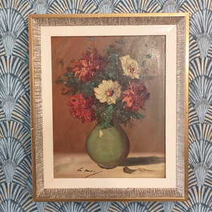 Original oil painting depicting flowers from Spain circa 1950 small still life flowers framed and signed vintage painting