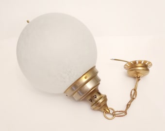 Vintage ceiling pendant light with large glass globe Spain circa 1960 mid century gold hanging light with frosted spotted glass sphere
