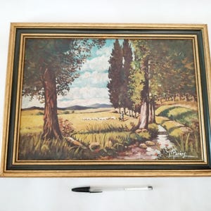 Original signed oil painting on board of landscape with sheep fields and trees circa 1960 from Spain Framed art Farmhouse decor painting