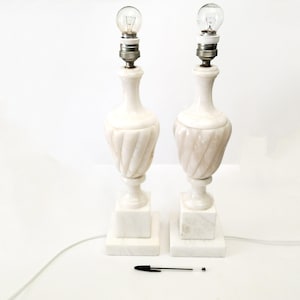 Carved alabaster neo-classical table lamps from Spain circa 1960 pair of large alabaster lamps vintage marble lamps