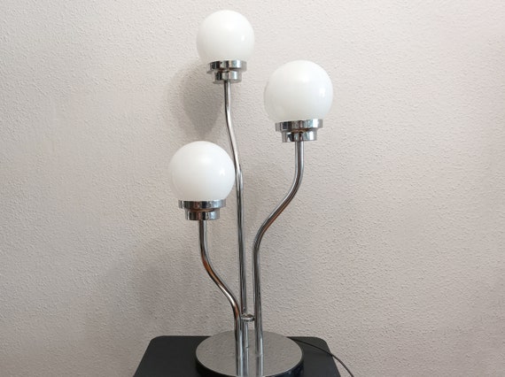 Large Space Age Table Lamp Chrome With White Milk Glass Globes Mcm